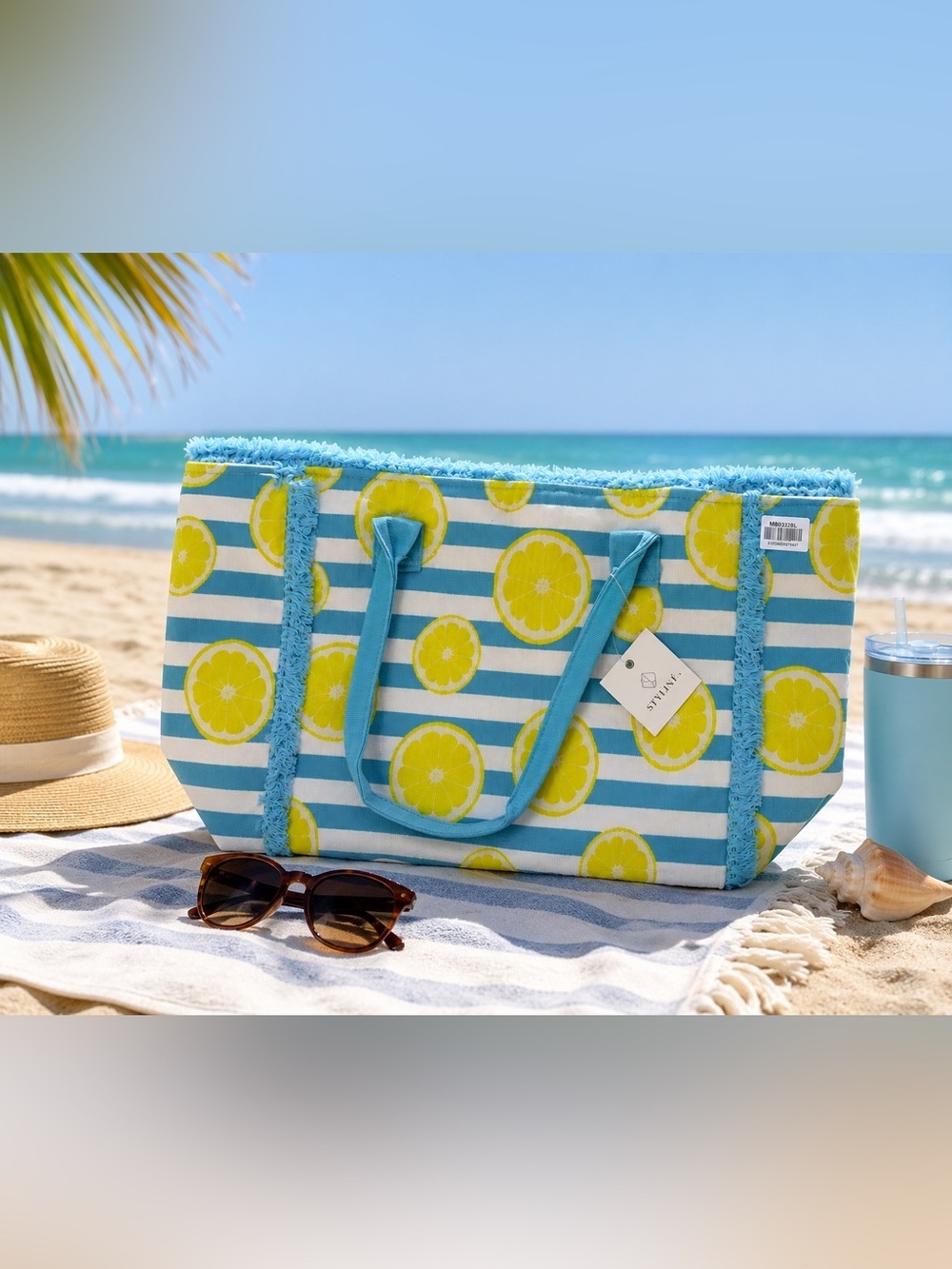 Striped Lemon Tote Bag in Turquoise & Yellow